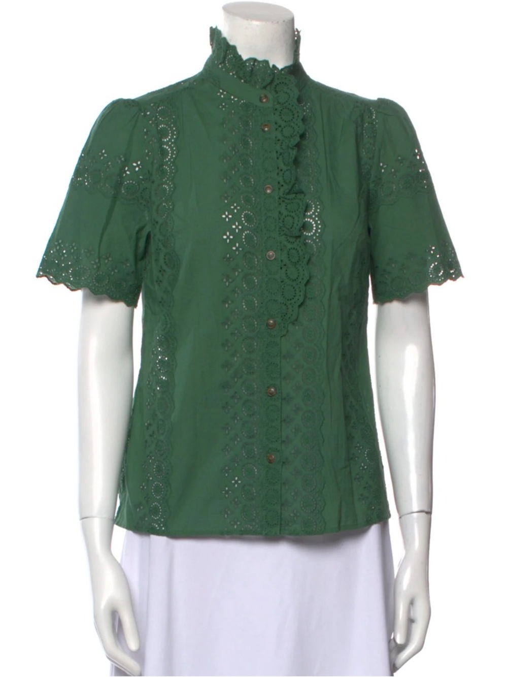 Sézane Mock Neck Short Sleeve Button Up Green Blouse